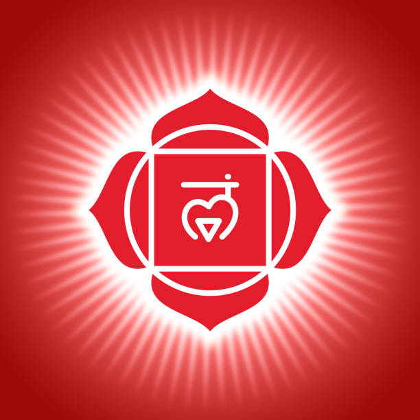 chakra muladhara. rot glänzende yoga-symbol. om zeichen. sacral-symbol - wirbelkanal stock-fotos und bilder