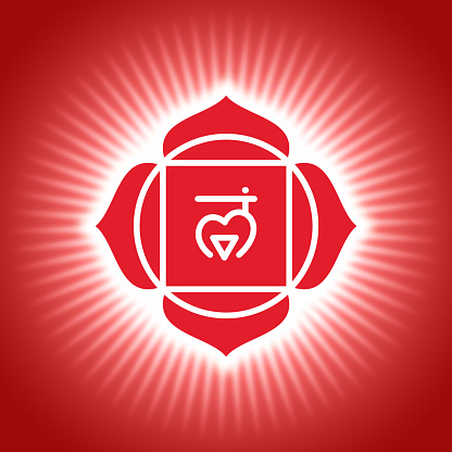 Chakra muladhara. Red shining yoga symbol. Om sign. Sacral icon