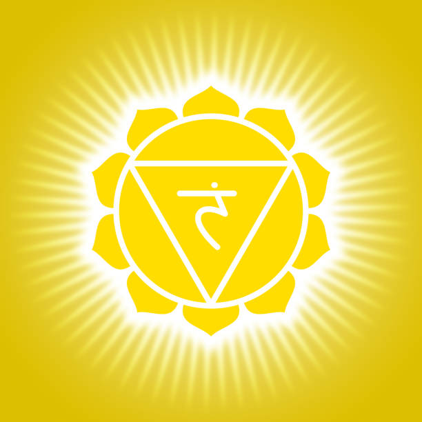chakra manipura. gelb leuchtende yoga-symbol. om zeichen. sacral-symbol - wirbelkanal stock-fotos und bilder
