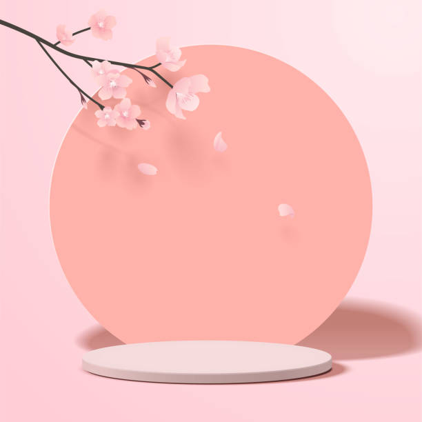 istock Abstract minimal scene with geometric forms. cylinder podium in pink background with pink plant leaves. 1321257667
