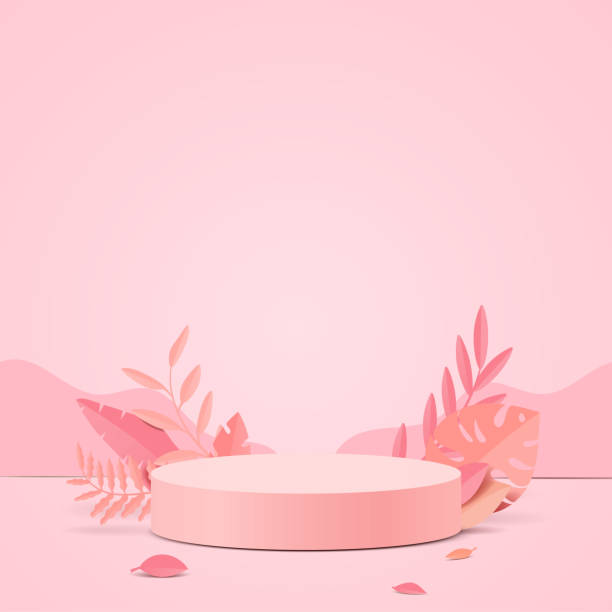기하학적 형태의 추상적 최소 장면입니다. 분홍색 식물 잎으로 분홍색 배경의 실린더 연단. - pink background illustrations stock illustrations