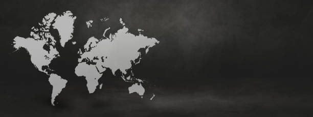 istock World map on black concrete wall background. 3D illustration. Horizontal banner 1321257725