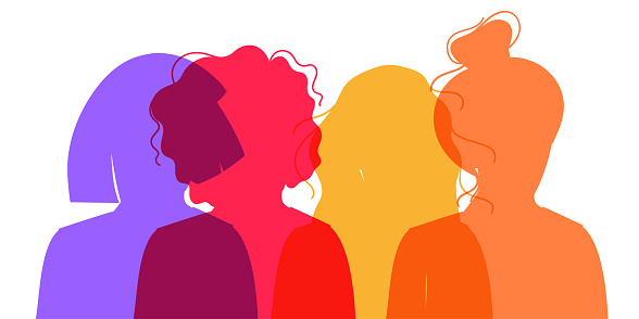 Women's  Silhouette of different cultures and nationalities standing together. The concept of the female empowerment movement and gender equality.