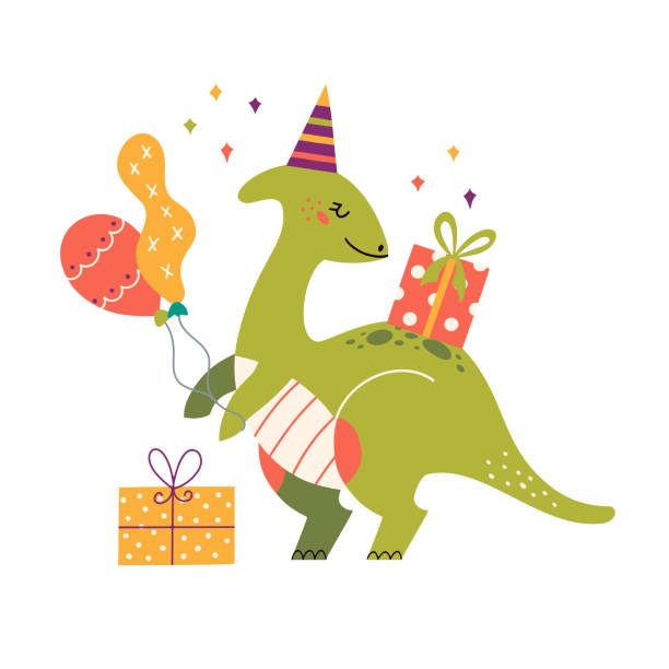 Cartoon cute dinosaur for birthday party Baby Dino Cartoon cute dinosaur for birthday party. Baby Dino with balloons and presents. Jurassic colorful animal for baby shower and invitation. Prehistoric dragon in nordic style. dinosaur birthday stock illustrations