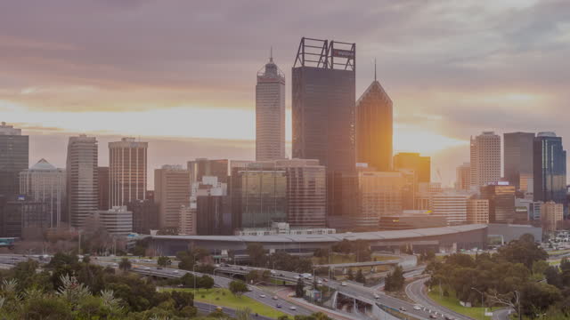 Downtown Perth skyline in Australia at sunset