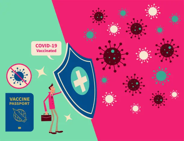 Vector illustration of One businessman (tourist) with the Covid-19 Vaccine Passport holding a big shield to protect from Coronavirus