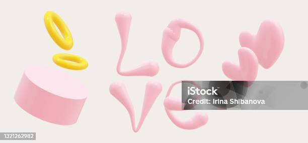 Love Pink 3d Letters Isolated On White Background With Hearts And A Pair Of Gold Wedding Rings Illustration For Wedding Banner Postcard Realistic 3d Calligraphy Sign Poster Or Banner Design Stock Photo - Download Image Now