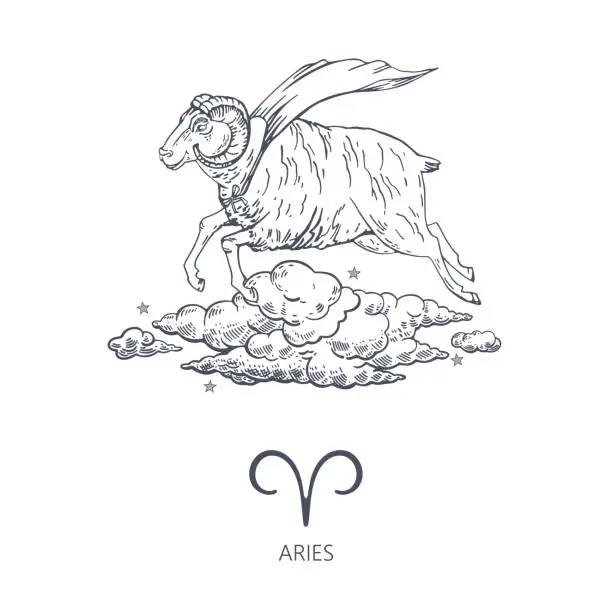 Vector illustration of odiac constellation Aries. A ram in a superhero cloak flies among the clouds.