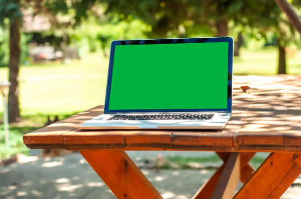 istock View on a laptop pc with a green screen on a table in the garden 1321265812