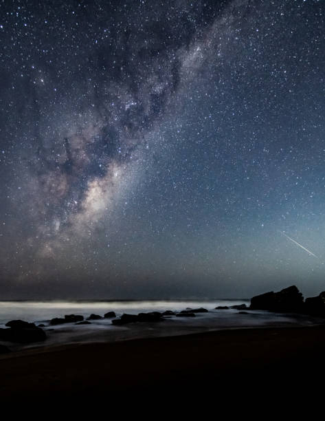 istock Milkyway seascape with rocks and shooting star 1321265958
