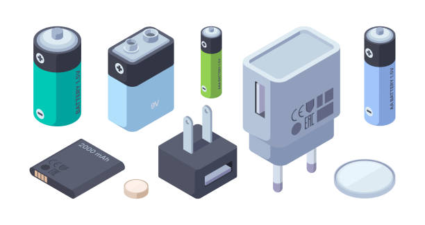 Chargers isometric. Battery power bank portable chargers for plug connection digital gadgets garish vector chargers illustrations Chargers isometric. Battery power bank portable chargers for plug connection digital gadgets garish vector chargers illustrations. Charger battery, energy portable to smartphone battery stock illustrations
