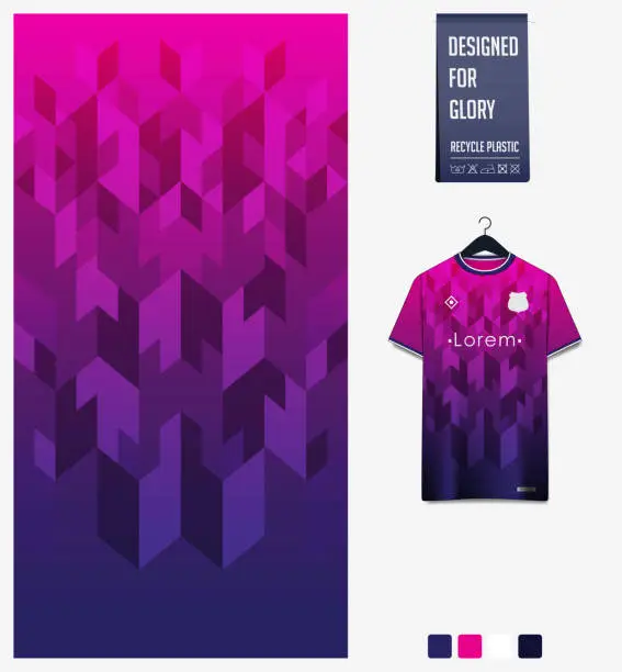 Vector illustration of Soccer jersey pattern design. Geometric pattern on violet abstract background for soccer kit, football kit or sports uniform. T-shirt mockup template. Fabric pattern. Sport background.