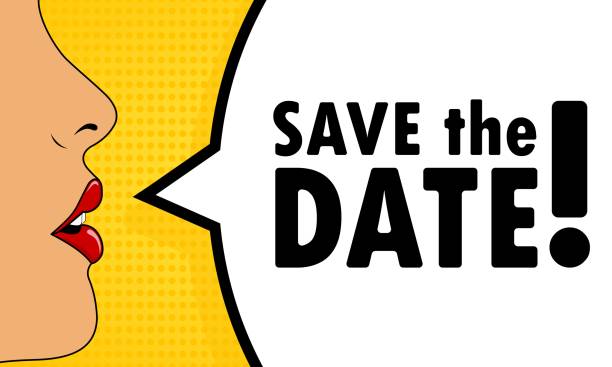 istock Save the date. Female mouth with red lipstick screaming. Speech bubble with text Save the date. Can be used for business, marketing and advertising. Vector EPS 10 1321272302