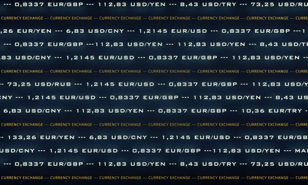 Currencies like EUR/USD, USD/CNY, EUR/GBP, USD/YEN and prices in white on a dark blue background. The screen is crossed by lines with the word "Currency Exchange" in yellow. Concept of a screen with currency prices and information. ticker tape stock illustrations