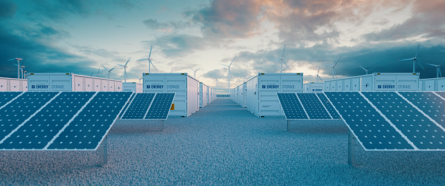 Central eléctrica de almacenamiento de baterías 
acompañado de plantas de energía solar y eólica. Renderizado 3d. photo