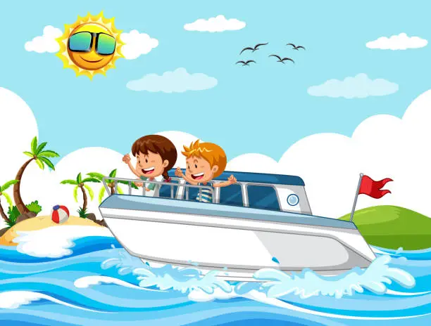 Vector illustration of Beach scene with children on a speed boat