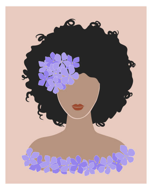 süße dunkelhäutige junge frau mit lockigen haaren und lila hortensieblume. brunette mädchen afro frisur pastell farbe porträt. trendige boho wand kunst mode druck poster. stock-vektor-illustration - afro women african descent silhouette stock-grafiken, -clipart, -cartoons und -symbole