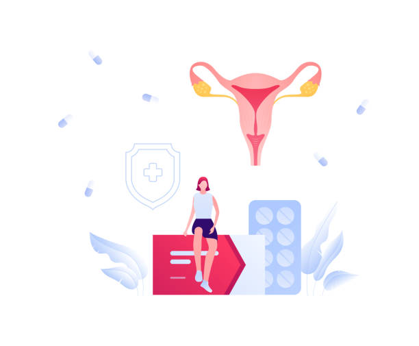 istock Gynecology and female reproductive system illness treatment concept. Vector flat medical people illustration. Female patient sitting on box of medicine. Uterus internal organ. Design for healthcare. 1321278019