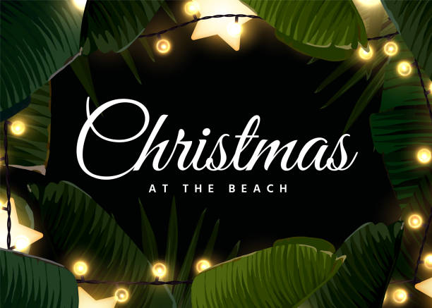 темное тропическое рождество на пляже дизайн рамы с пальмовыми листьями, золотыми светящимися звездами и лампочками. векторный фон с прост - hawaiian culture garland frame hawaii islands stock illustrations