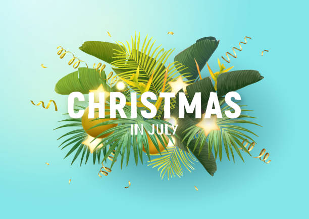 bildbanksillustrationer, clip art samt tecknat material och ikoner med tropisk jul på stranden design med palmblad, julbollar, guld glödande stjärnor och glödlampor, vektor illustration. - australia forest background