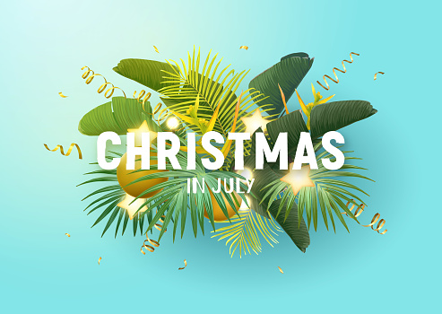 Tropical Christmas on the beach design with palm leaves, xmas balls, gold glowing stars and light bulbs. Summer vector illustration.