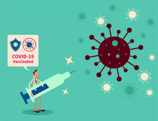 Vector illustration of One doctor holding a big covid-19 vaccine syringe to fight against Coronavirus