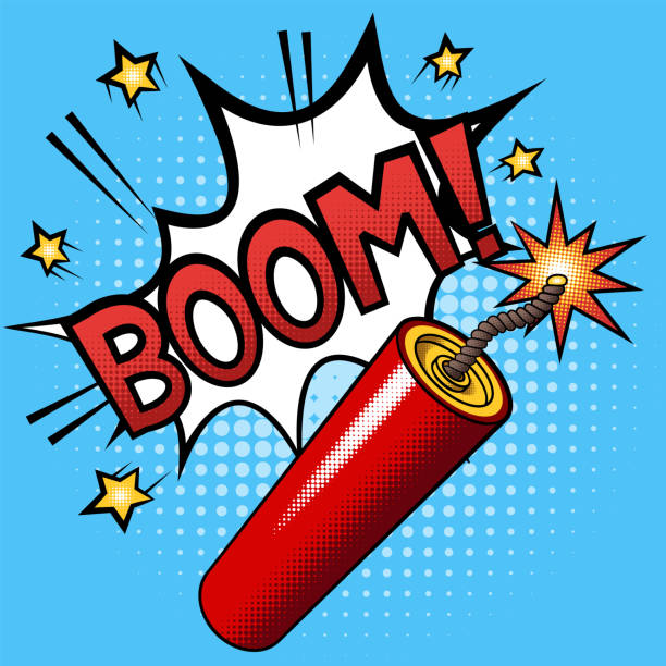 Firecracker or dynamite stick with a burning fuse and explosion with text BOOM. Halftone vector illustration Firecracker or dynamite stick with a burning fuse and explosion with text BOOM. Halftone vector illustration firework explosive material illustrations stock illustrations