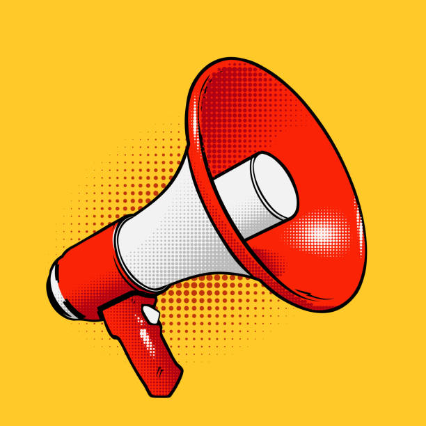 Red megaphone icon in comic cartoon style with halftones. Vector illustration on orange background Red megaphone icon in comic cartoon style with halftones. Vector illustration on orange background yellow background illustrations stock illustrations