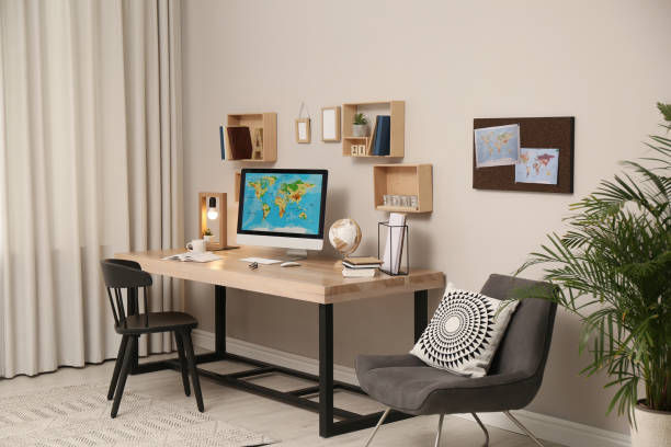 istock Room interior with comfortable workplace. Modern computer on wooden desk 1321286325