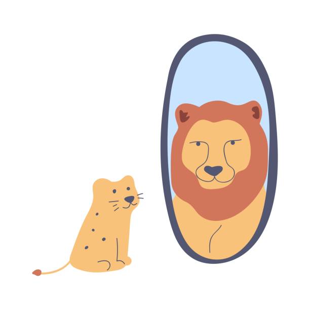 illustrations, cliparts, dessins animés et icônes de petit lion regardant le miroir et voir grand lion. métaphore du courage et du succès. - alter ego illustrations