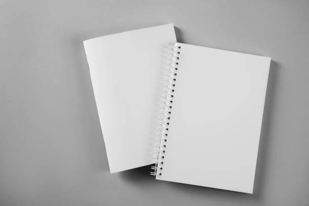 istock Blank brochure and notebook on grey background, flat lay. Mockup for design 1321287183