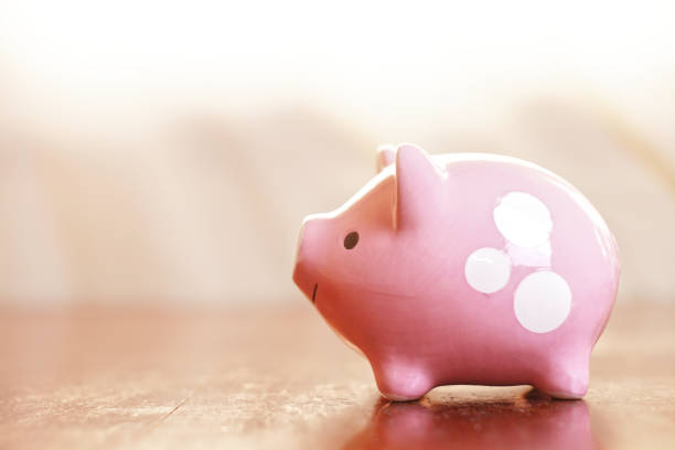 Side view piggy save money on the table near the window , saving concept.