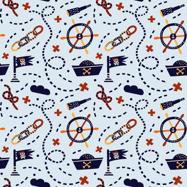 Vector illustration of seamless pattern with pirates. Vector illustration. Seamless pattern on a pirate theme. On gray. Skull, flag, bones and pirate hat. For nursery, printing on fabric, paper. sailing background stock illustrations