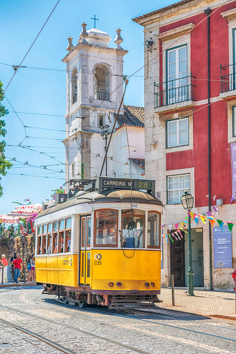 Historic tram line 28 in Miradouro das Portas do Sol, Alfama, Lisbon, Portugal