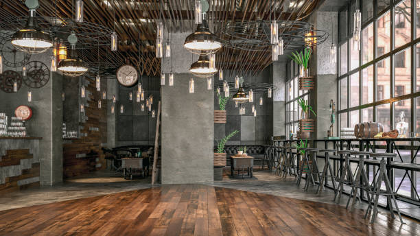istock Empty large retro restaurant bar with tables and bar stools in front of windows 1321290779