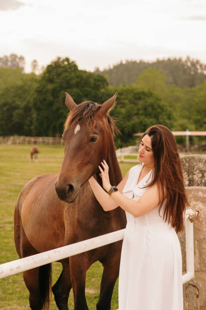 istock Young woman stroking a horse 1321291054