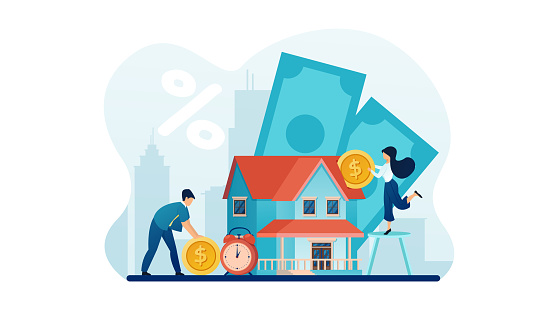 Vector of a young couple investing money in real estate. Bank loan and savings concept