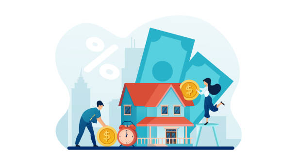 Vector of a couple investing money in real estate. Bank loan and savings concept Vector of a young couple investing money in real estate. Bank loan and savings concept financial loan illustrations stock illustrations