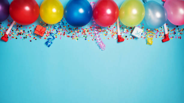 istock Flat party decoration concept on pastel blue background from above 1321292325