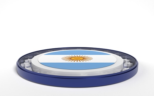 Argentinian flag on round stand against white background. 3D horizontal composition with copy space. Easy to crop for all your social media and print size.