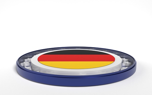 German flag on round stand against white background. 3D horizontal composition with copy space. Easy to crop for all your social media and print size.