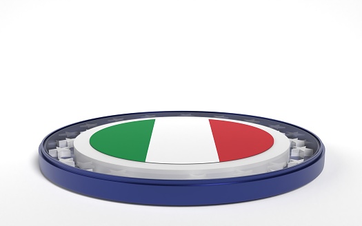 Italian flag on round stand against white background. 3D horizontal composition with copy space. Easy to crop for all your social media and print size.
