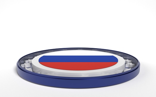 Russian flag on round stand against white background. 3D horizontal composition with copy space. Easy to crop for all your social media and print size.