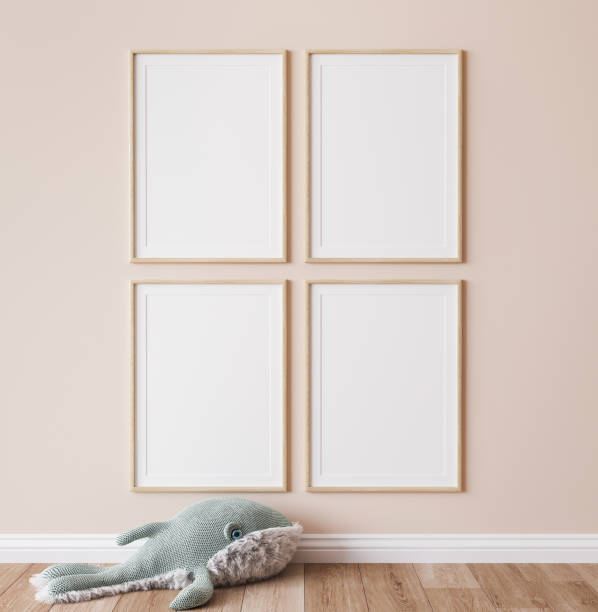 Poster mockup in minimal nursery design, wooden frames on beige interior background