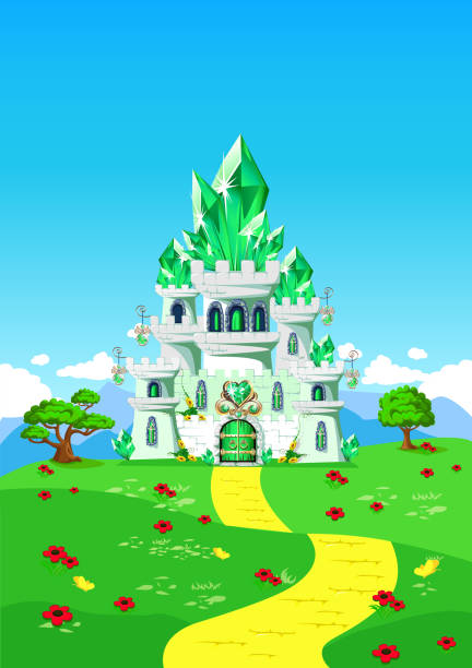 Emerald City Emerald city and yellow brick road on a fairy tale background. Vector vertical illustration of an emerald castle. emerald gemstone stock illustrations