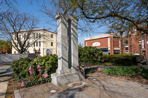 Doylestown, USA - April 24, 2021. World War II Memorial in downtown Doylestown, Bucks County, Pennsylvania, USA.