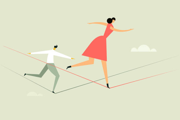 ilustrações, clipart, desenhos animados e ícones de uma mulher e um homem andando em uma corda bamba. conceito para avançar com riscos e desafios - tightrope balance walking rope