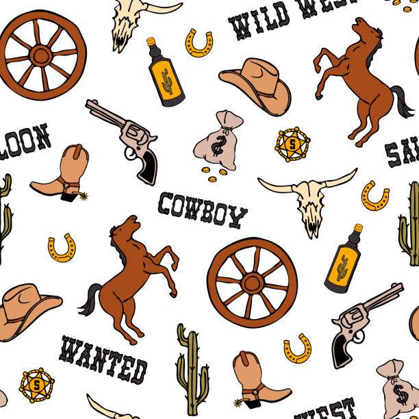 ilustraciones, imágenes clip art, dibujos animados e iconos de stock de patrón vectorial sin fisuras con vaquero del salvaje oeste sobre fondo blanco. diseño de papel pintado vintage del oeste de texas. textil de moda decorativa para niños. - horseshoe backgrounds seamless vector