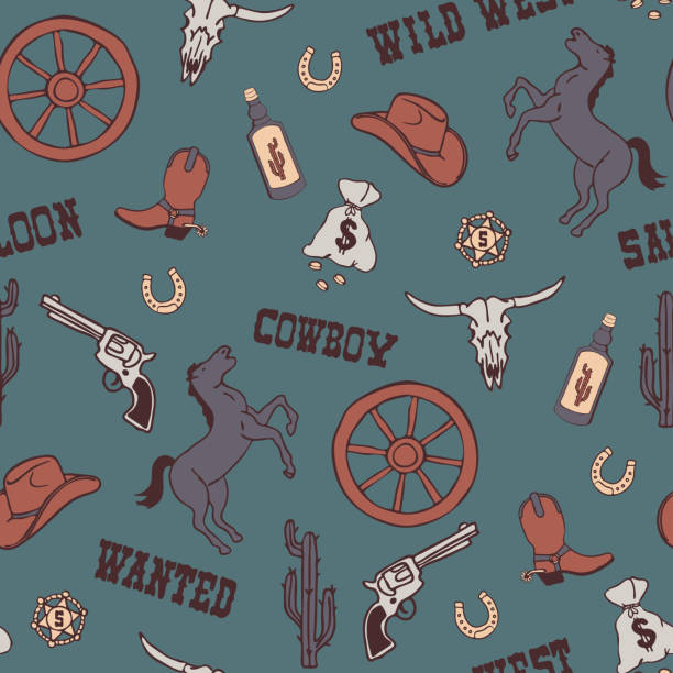 illustrations, cliparts, dessins animés et icônes de motif vectoriel sans couture avec cow-boy de l’ouest sauvage sur fond bleu sarcelle. design de papier peint occidental simple dessiné à la main. textile de mode décoratif du texas. - horseshoe backgrounds seamless vector