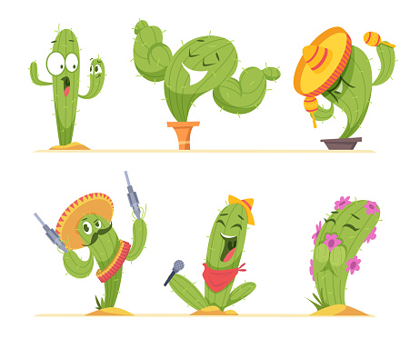 Cactus characters. Mexico authentic plants happy faces in cartoon style exact vector pictures of emoticon of cactus in various poses. Cactus character, exotic cacti succulent mascot illustration